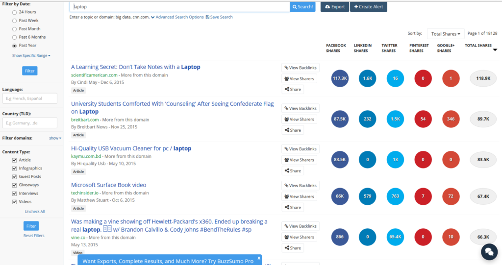 BuzzSumo showing volume of social media shares for laptop related content - for example an article on scientificamerican.com titled "A Learning Secret: Don't Take Notes With a Laptop" has the highest volume of Facebook shares